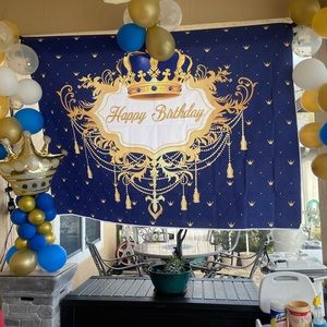 Party Bundle: Prince theme birthday banner, stringers large crown party hats